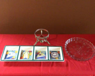 Lot 8: Divided ceramic serving tray with dessert tiles, glass dish, and ornate metal stand