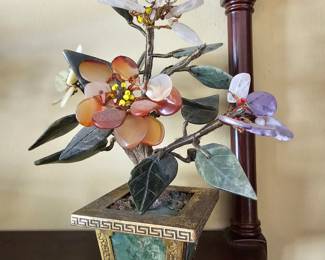 vintage Chinese hardstone bonsai tree sculpture featuring carved jade and agate flowers.   There are many 
