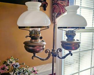 Double Student Brass Lamp with White Milk Glass
