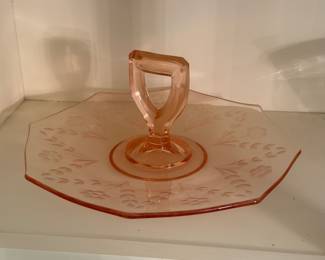 Vintage pink depression glass handled server
