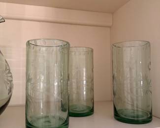 Set, Bobby Flay Green Etched Floral Glasses w/matching pitcher