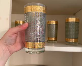 Set, 6 MCM Culver Basket Weave & Gold Enamel Glasses