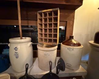 Whitehall S.P. & S. Co. #4 Butter Churn with Lid and Paddle (slight crack); 4 Gallon Crock (crack); Western Stoneware #5 Jug (filled with liquid? and corked); Wooden Pepsi- Cola Yellow Crate; Sheffield #8 Sad Iron