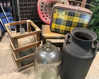 Ink Printing Trays; Tractor Seat; Leather Riveted Chair; Tartan Metal Insulated Ice Chest; Milk Can; 5 Gallon Clear Jugs (Made in Mexico)