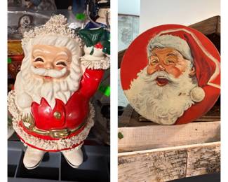 Vintage Santa Claus Spaghetti Trim Coin Bank Japan; Vintage Mrs. Stevens Chicago Candy Santa Claus Christmas Tin