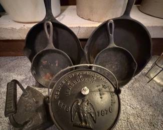 Cast Iron Skillets; Sheffield 8 Sad Iron; Center of Population USA Mascoutah, IL 1776-1976 Cast Iron Pot with Lid and Handle