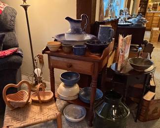 Wash Stand; Pitcher and Bowl Set; Crock Stoneware Bowls; Woven Footstool; Brass Floor Lamp;  Brass Table Lamps; Stoneware Grape Pitcher; **Green Glass Jug NO Longer Available**
