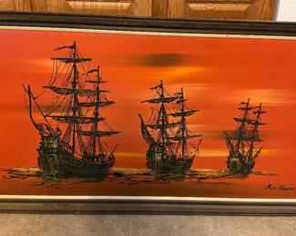 MCM Style Orange 3 Ships Large Oil Painting