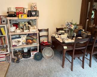 Cookbooks, Small Kitchen Appliances;Dining Room Table, 4 Chairs and 3 Leaves; Pampered Chef Simple Additions Hostess Items; Dinnerware Sets