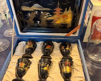 Vintage Japanese Lacquerware Sake Set Black Painted Tray & Glasses