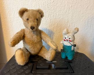 Pre 1957 Vintage Jointed Bear from Germany (Looks similiar to a Steif Bear but cannot confirm that it tis); Vintage Tin Face Wind Up Rabbit