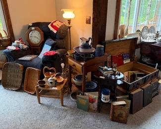 Wash Stand; Pitcher and Bowl Set; Crock Stoneware Bowls; Woven Footstool; Brass Floor Lamp; Brass Table Lamps; Stoneware Grape Pitcher;Trunk; Tatlers; Smoking Stand; Thorens Grand Piano Music Box; Wash Stand; Pitcher and Bowl Set; Crock Bowls; Tobacco Jar; Lazy Boy Rocker/ Recliner; Regulator Clock; Handmade Baskets; Basket Liners