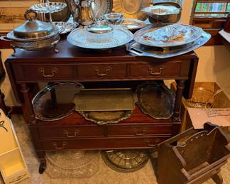 The Georgetown Galleries Solid Mahogany Drop Leaf Rolling Buffet; Silverplate; Magazine Rack