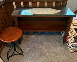 Solid Walnut MCM Style Library Table with Glass Top from the old Columbus School; Adjustable Height Industrial Stool