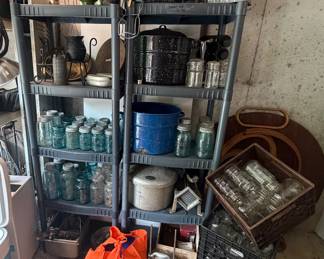 Blue Mason Jars with Zinc Lids; Canning Jars; Speckled Enameled Stock Pots; China Hat Strainers and Stand; Pressure Cooker; Canning Lids -Garage #2