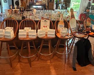 Set of 6 Matching Wooden Swivel Top Bar Chairs; Matchbox Special Edition Models of Yesteryear Vehicles with Brewery Logos; Liquor Signs; Berr/ Wine/ Shot Glasses