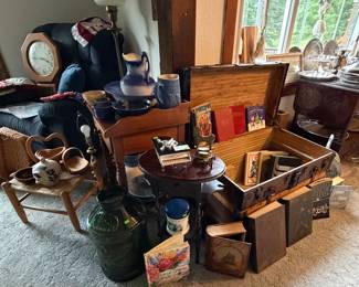 Trunk; Tatlers; Smoking Stand; Thorens Grand Piano Music Box; Wah Stand; Pitcher and Bowl Set; Crock Bowls; Tobacco Jar; **Green Jug NO Longer Available**