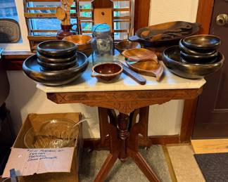 Marble Top Ornate Victorian Table on Wheels; Wooden Spice Rack; Wooden Bowls; Punch Bowl Set