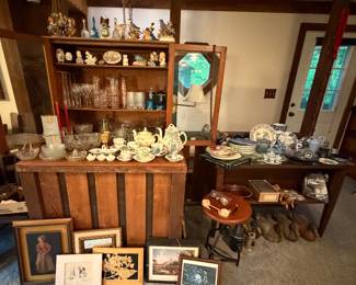 Glass Front Small Cabinet; Bells; Figurines; Clear Glassware; Princess House; Pink Depression Etched Pitcher and Glasses; Cup and Saucers; Teapots; Pictures; Blue Glassware; Duck Decoys