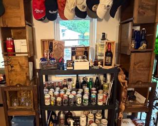 Wine Crate Shelving Unit; Baseball Hats with Logos; Beer Steins, Beer Cans; Beer Coasters; Bar Mats