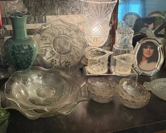 Vintage serving dishes, lamp, bedside decantur with glass