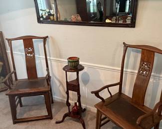 Ming style hardwood arm chairs, vintage wall accent mirror