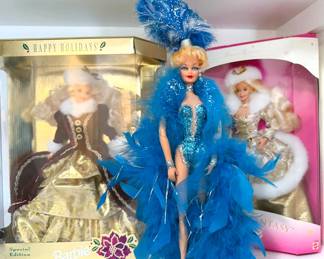 Barbies in boxes, including Winter Fantasy, Bob Mackie, Holidays, Millennium Princess