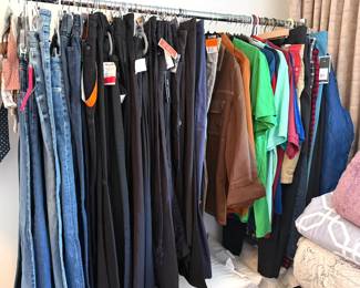 Women's pants (almost all new with tags!) sizes XL/XXL; small amount of men's clothing (t-shirts, shorts, jackets) in XXL