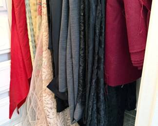 Lots of fabrics for sewing, including lace, velvet + specialty fabrics