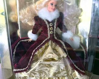 Barbies in boxes, including Winter Fantasy, Bob Mackie, Holidays, Millennium Princess