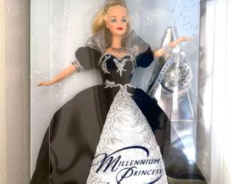 Barbies in boxes, including Winter Fantasy, Bob Mackie, Holidays, Millennium Princess