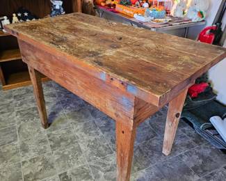 Butcher block table sturdy but needs refinishing 47" x 24" x 31 1/2"