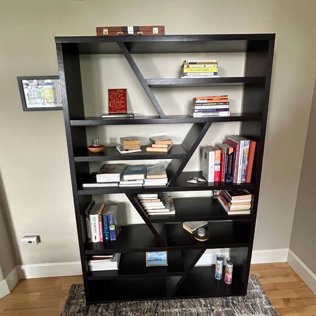 Lot #1 Modern Espresso Zigzag Bookcase Open Shelving Unit Room Divider 6ft Tall Includes Contents