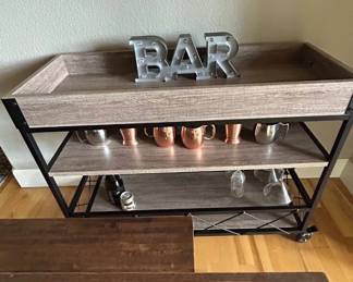 Lot #22 Industrial Bar Cart Rolling 3-Tier Gray Wood Black Metal Wine Glass Rack
