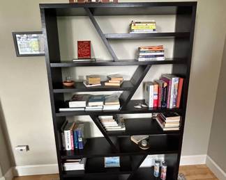 Lot #1 Modern Espresso Zigzag Bookcase Open Shelving Unit Room Divider 6ft Tall Includes Contents