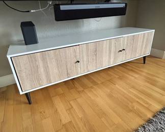 Lot #20 Mid Century Modern TV Stand Media Console White Oak Laminate 3-Door Tapered Legs
