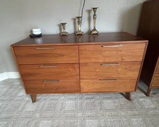 Lot #9 Mid Century Modern Walnut Style 6-Drawer Double Dresser Tapered Legs Brushed Steel