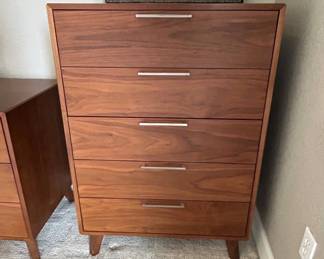 Lot #8 Mid Century Modern Walnut Style 5-Drawer Tall Chest Dresser Brushed Nickel Pulls