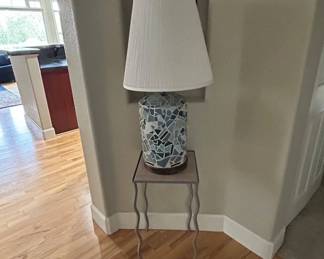 Lot #14 Mosaic Tile Table Lamp Blue Teal Ceramic Base White Shade & Wavy Iron Side Table
