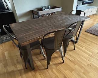 Lot #23 Industrial Farmhouse Dining Table Set 4 Metal Chairs Bench Dark Wood Steel Legs