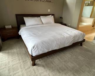 Lot #10 Mid Century Modern Walnut King Platform Bed Frame Upholstered Headboard + 2 Nightstands