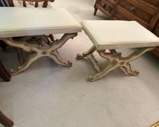 #164	pair of cream gold trim x stools with white cushion 26x16x18	 $200.00 			