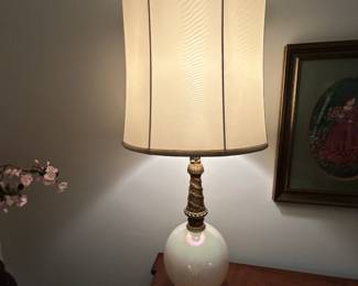 #188	brass and pearl glass ball lamp 36 tall	 $65.00 			