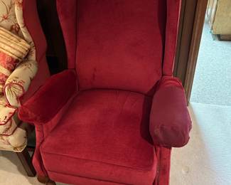 #21	Burgandy wing back velvet chair w/q/w legs 	 $65.00 			