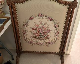 #162	flower tapestry fire screen with wood feet and frame 28x42	 $200.00 			