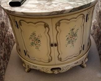 #160	cream painted with flower round marble top cabinet w 2 doors 28x21	 $125.00 			