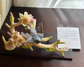 #237	Cybis blue gray Gnat catcher on wood base hand painted retired	 $75.00 			