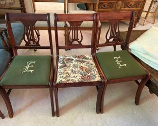#167	(3) harp back dining chairs with 2 needle point and 1 fabric	 $90.00 			