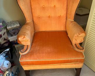 #143	coral velvet wing back chair by Burlington House furniture	 $45.00 			