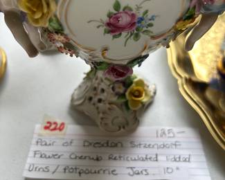 #220	Pair of DresdonSitzenorf flower cherub Reticulated fiddle Drns potpourri jars 10 inch	 $125.00 			